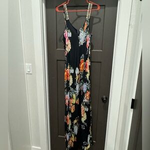 Johnny Was Long Silk Summer Dress with Embroidered Detail on Straps - L